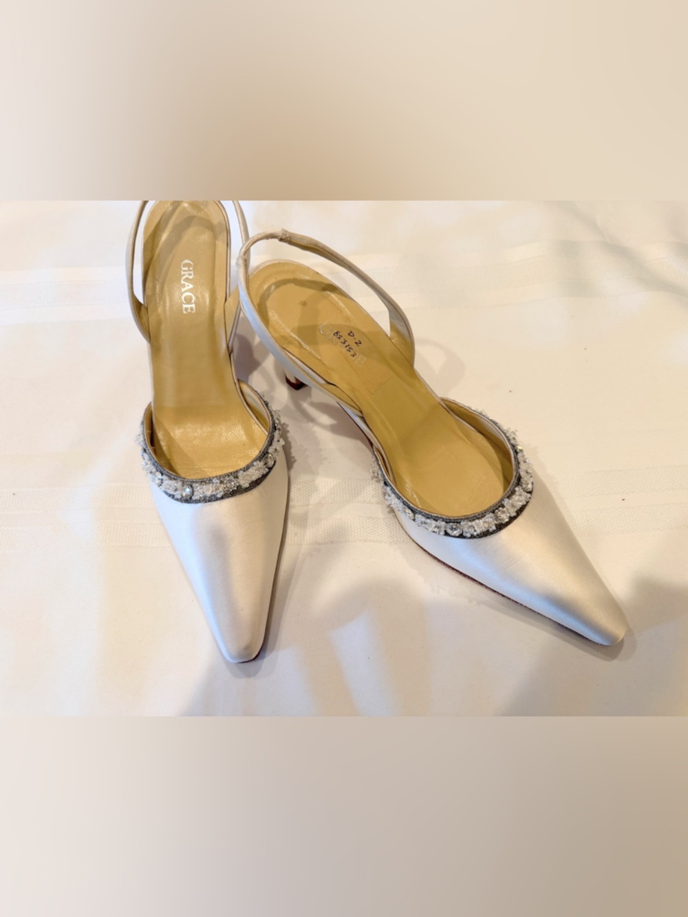 Grace Ivory Silk Pointed Slingback Heels with Crystal Band